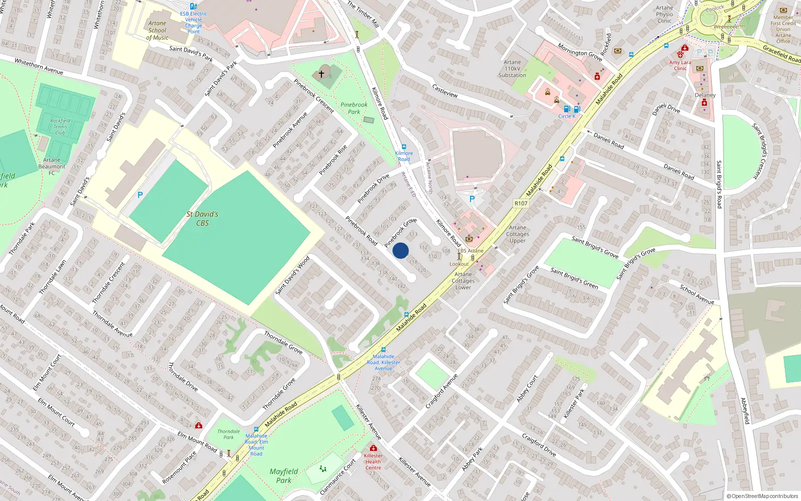 Overhead map showing the location of 115 Pinebrook Road, Artane, Dublin 5
