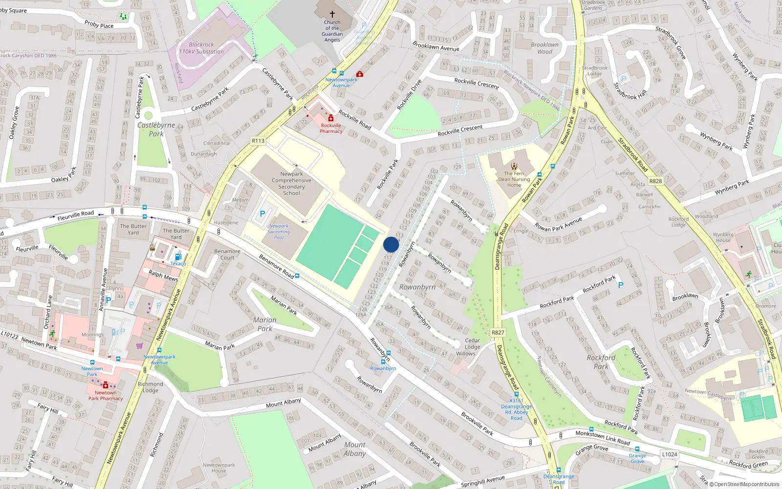 Overhead map showing the location of 115 Rowanbyrn, Blackrock, Dublin