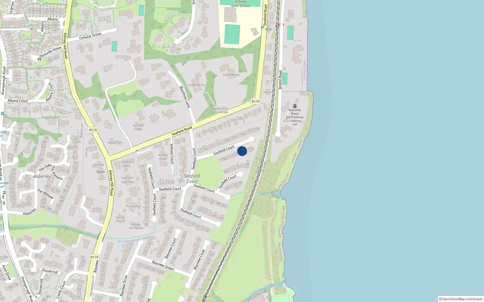 Overhead map showing the location of 115 Seafield Court, Killiney