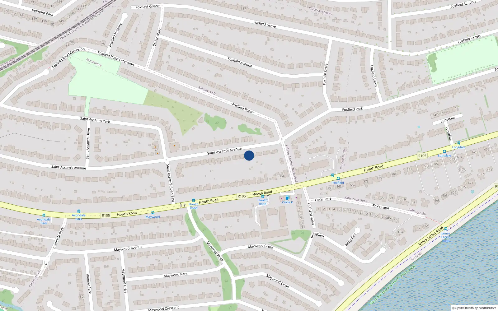 Overhead map showing the location of 115 St Assams Avenue, Raheny, Dublin 5