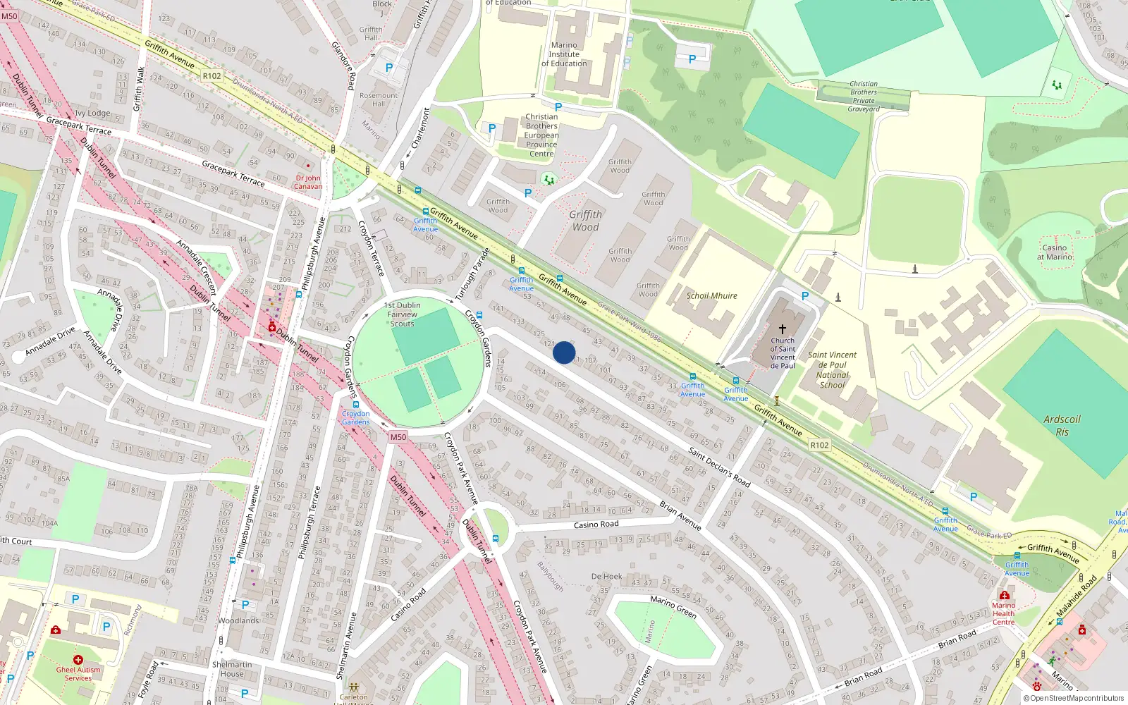Overhead map showing the location of 115 St Declans Road, Marino, Dublin 3