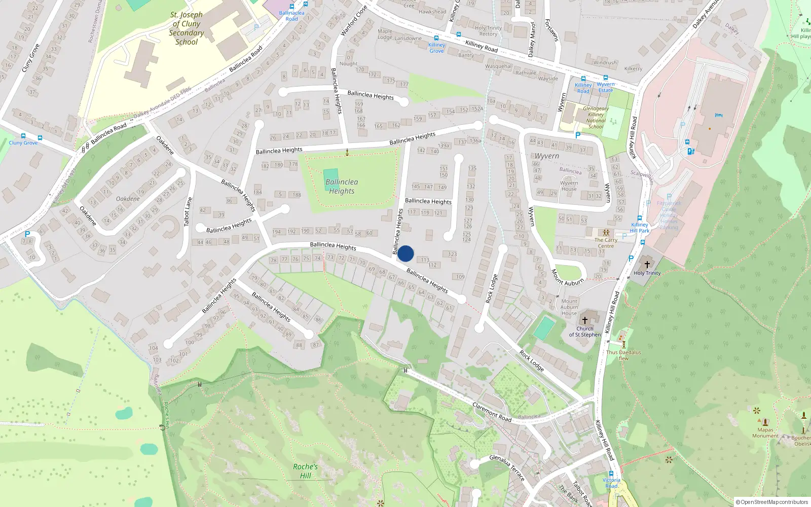 Overhead map showing the location of 116 Ballinclea Heights, Killiney