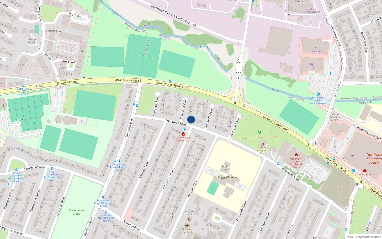 Overhead map showing the location of 116 Cromcastle Road, Kilmore, Coolock