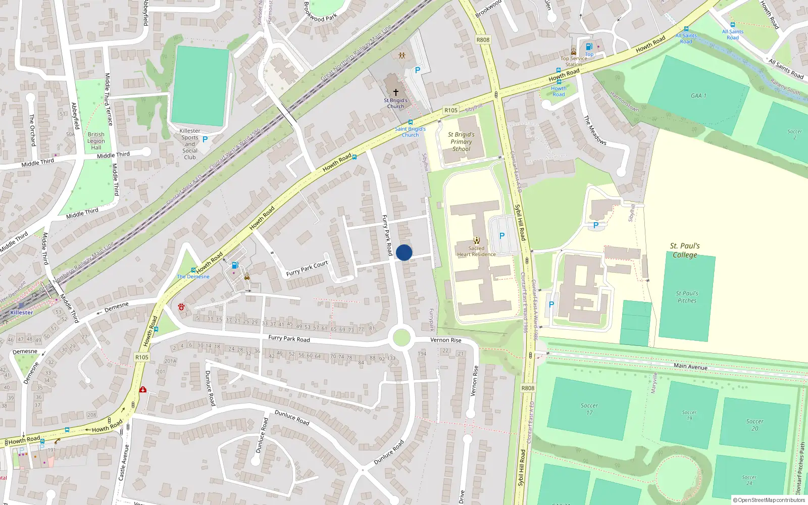 Overhead map showing the location of 116 Furry Park Road, Dublin 5