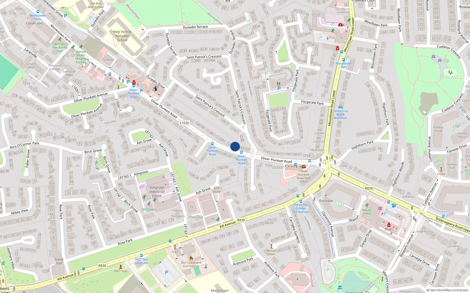 Overhead map showing the location of 116 Oliver Plunkett Road, Dun Laoghaire, Dublin