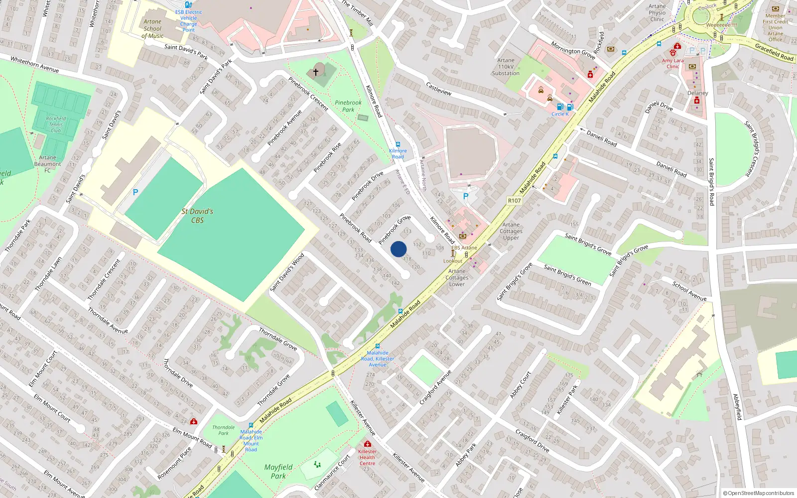 Overhead map showing the location of 116 Pinebrook Road, Dublin 5