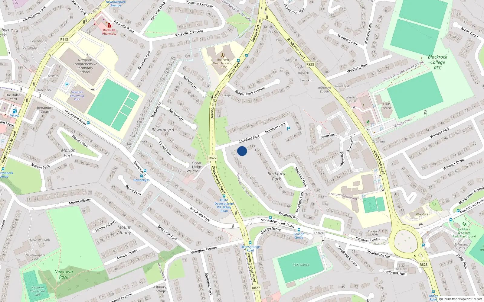 Overhead map showing the location of 116 Rockford Park, Stradbrook Road, Blackrock