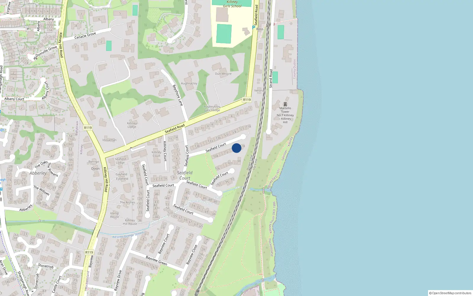 Overhead map showing the location of 116 Seafield Court, Killiney