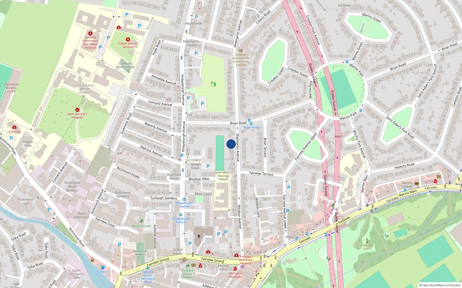 Overhead map showing the location of 116 Shelmartin Avenue, Marino, Dublin 3