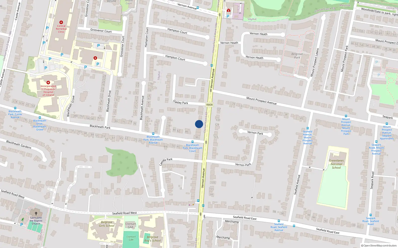 Overhead map showing the location of 116 Vernon Avenue, Clontarf, Dublin 3