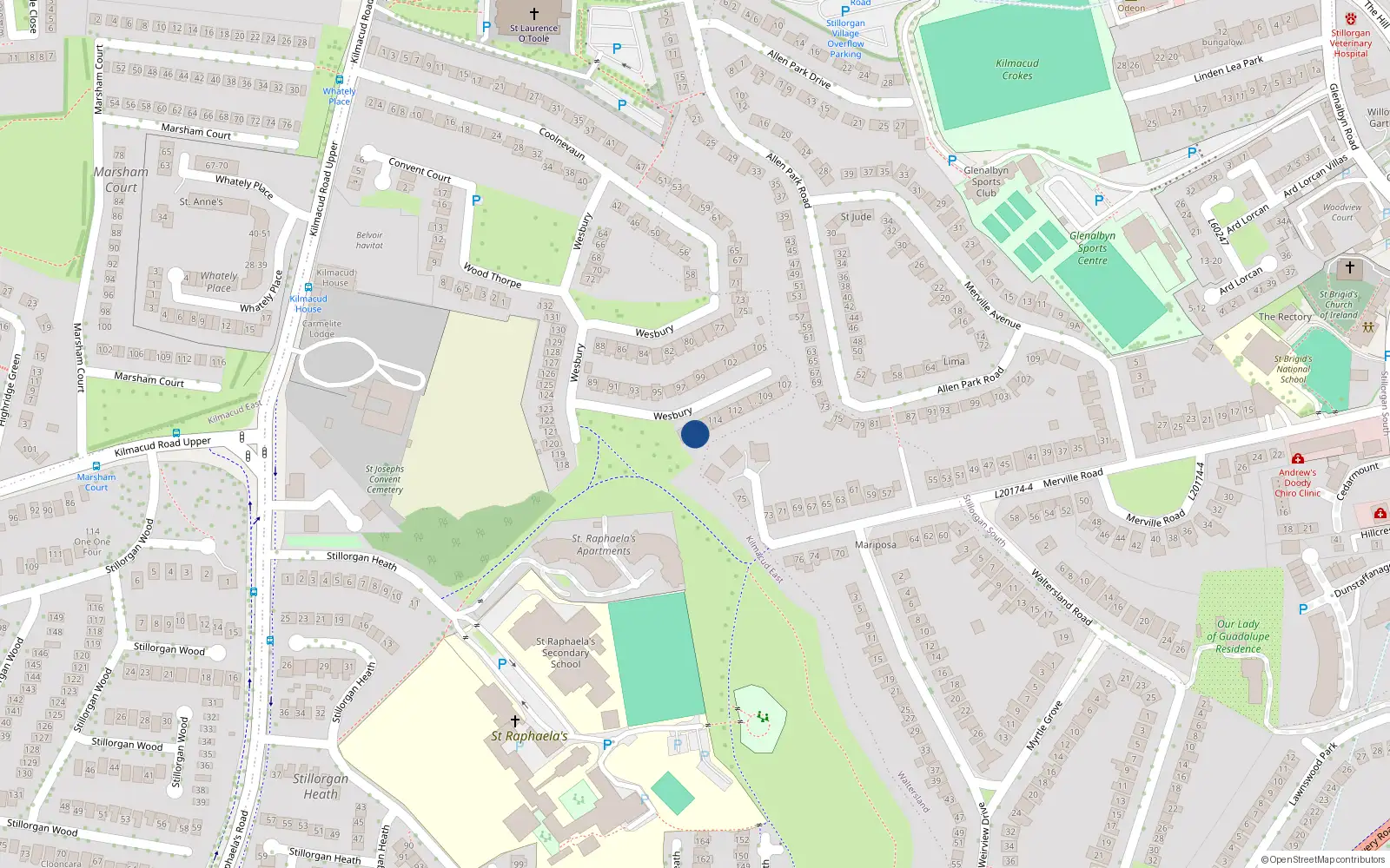 Overhead map showing the location of 116 Westbury, Stillorgan, Dublin