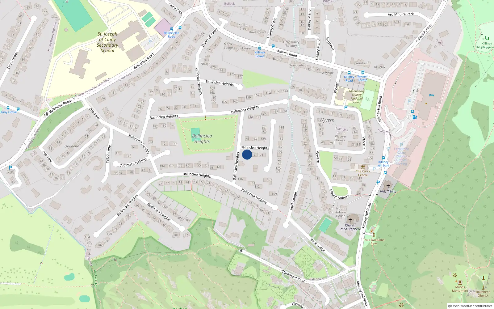 Overhead map showing the location of 117 Ballinclea Heights, Killiney, Dublin