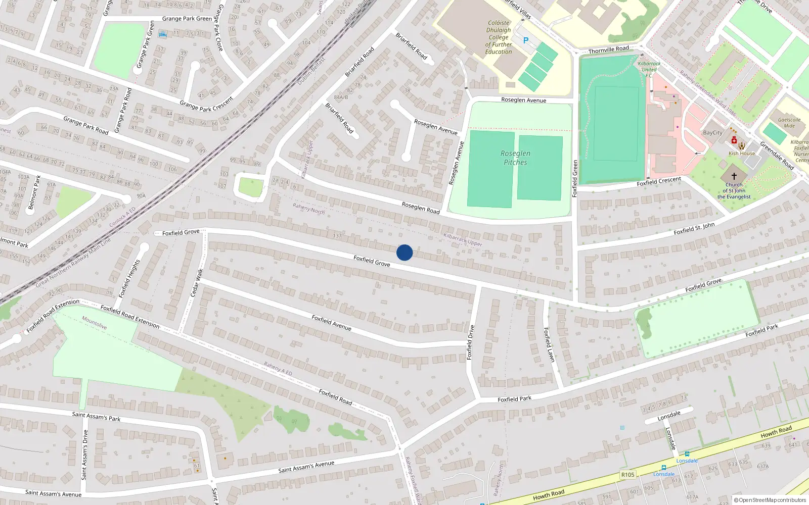 Overhead map showing the location of 117 Foxfield Grove, Raheny, Dublin 5