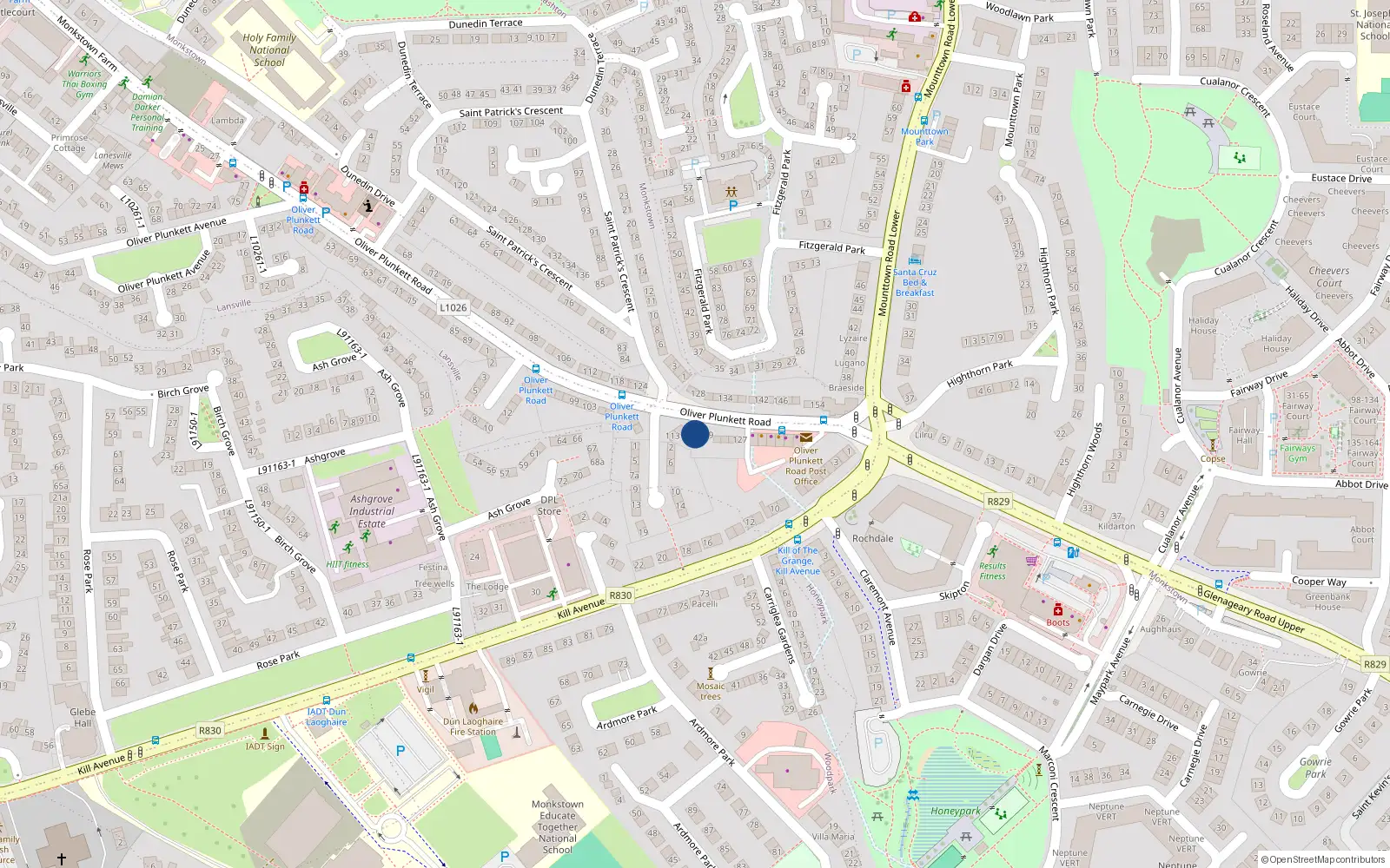 Overhead map showing the location of 117 Oliver Plunkett Road, Dun Laoghaire, Dublin
