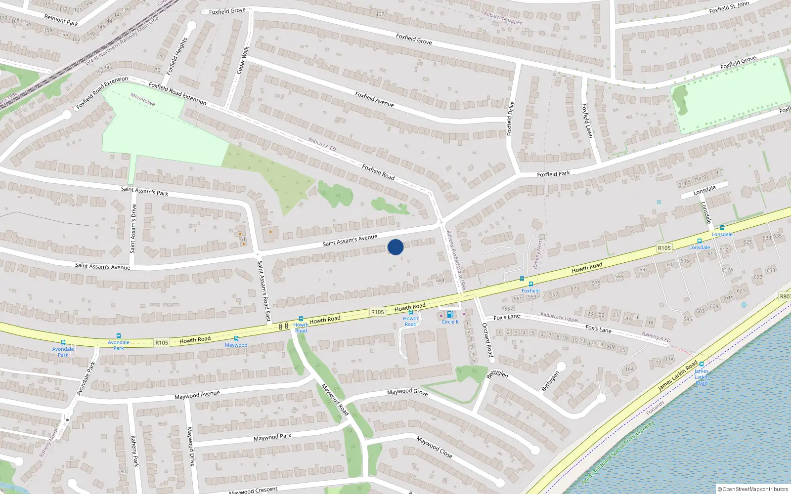 Overhead map showing the location of 117 St Assams Avenue, Raheny
