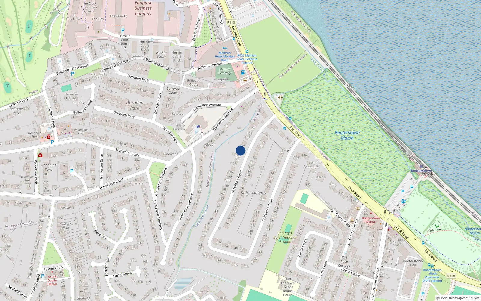 Overhead map showing the location of 117 St Helen's Road, Booterstown