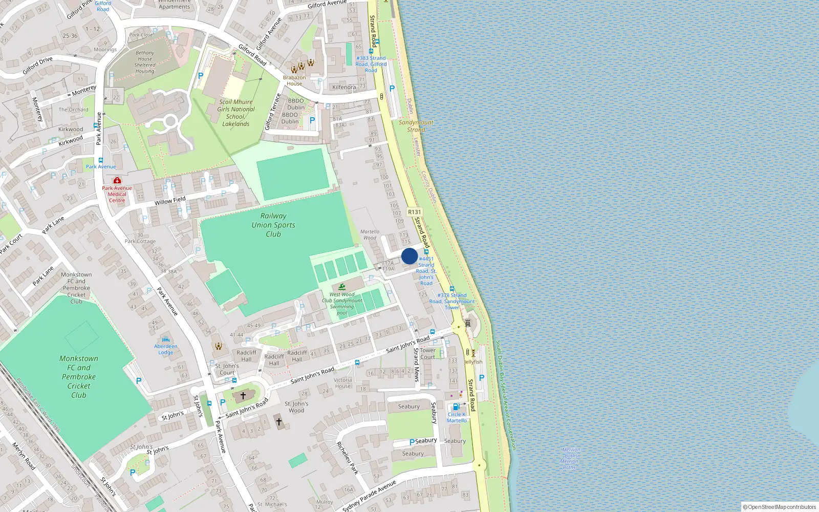 Overhead map showing the location of 117 Strand Road, Sandymount