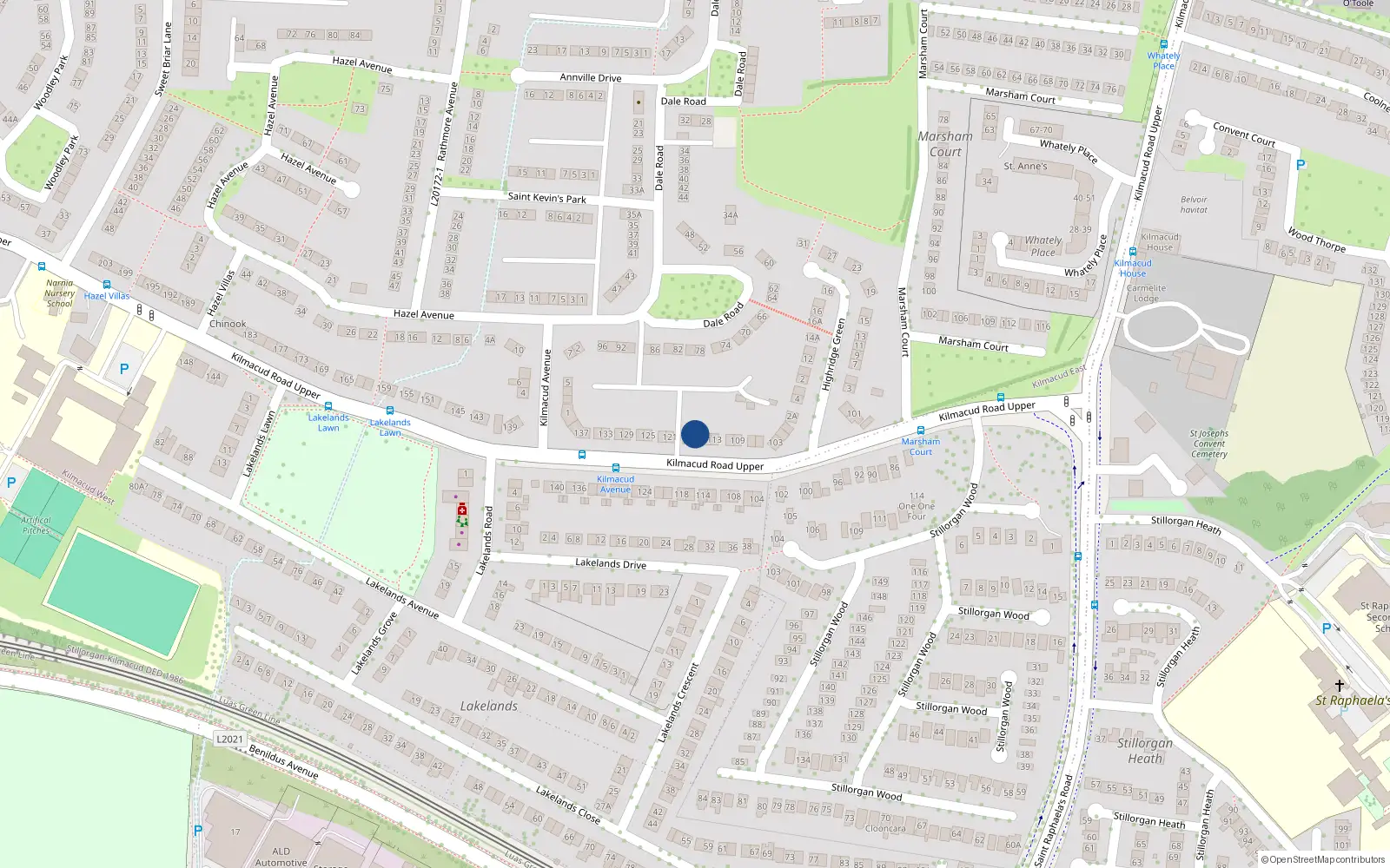 Overhead map showing the location of 117 Kilmacud Road Upper, Blackrock