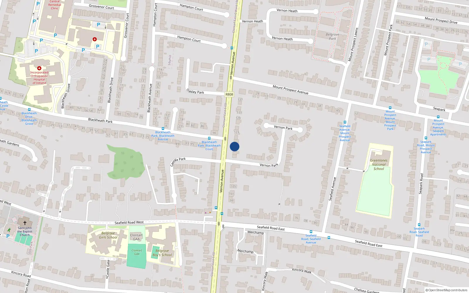 Overhead map showing the location of 117 Vernon Avenue Clontarf, Dublin 3, Dublin