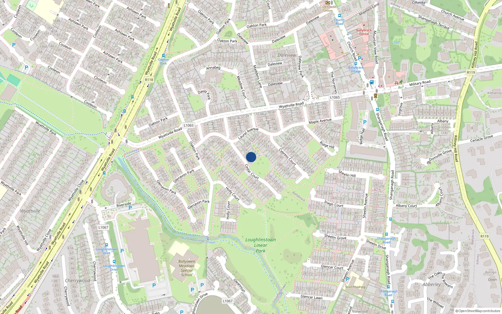 Overhead map showing the location of 118 Cedar Court, Dublin