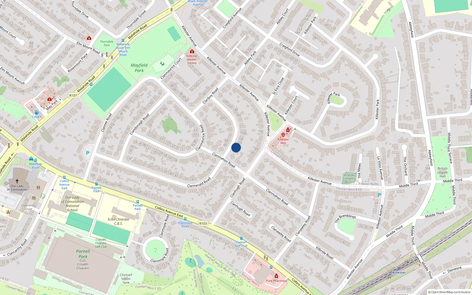 Overhead map showing the location of 118 Clanranald Road, Donnycarney, Dublin 5