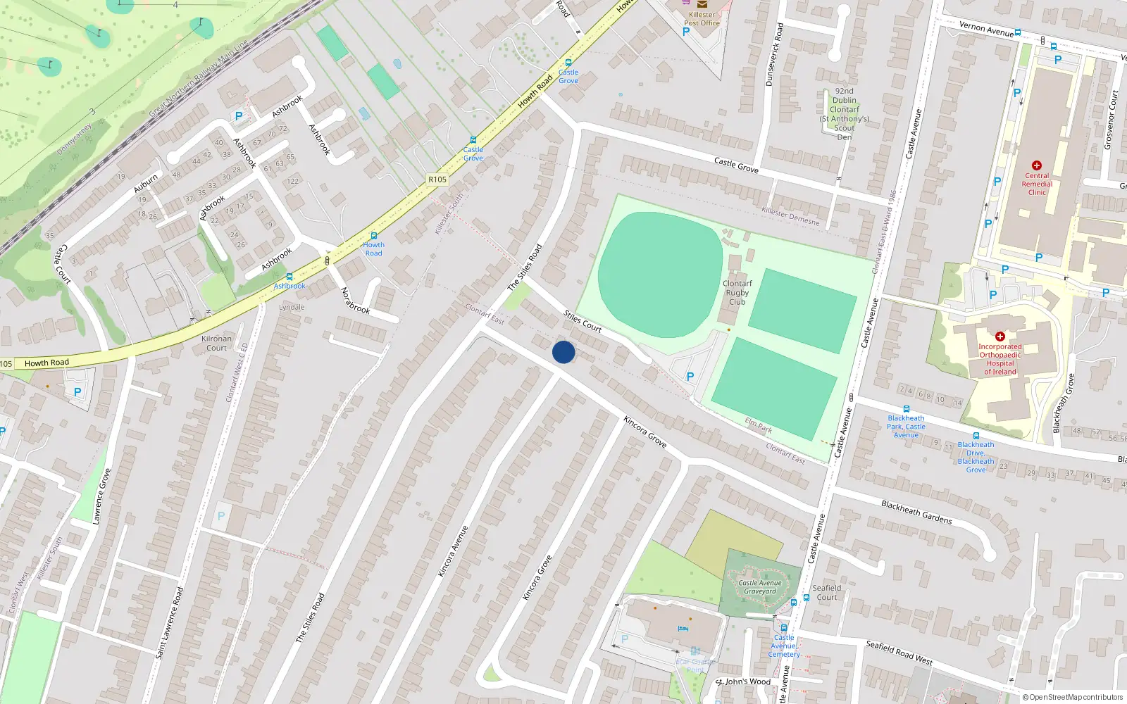 Overhead map showing the location of 118 Kincora Grove, Clontarf, Dublin 3