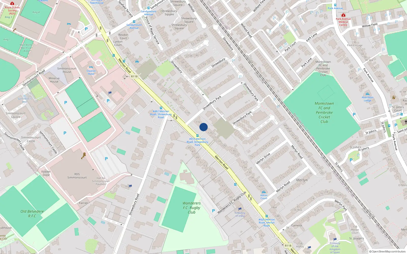 Overhead map showing the location of 118 Merrion Road, Ballsbridge