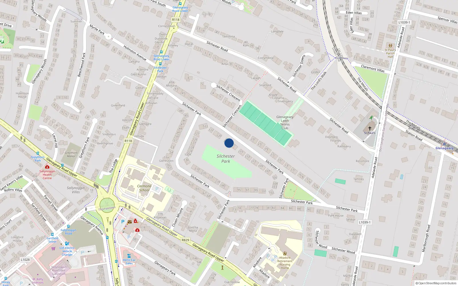 Overhead map showing the location of 118 Silchester Park, County Dublin