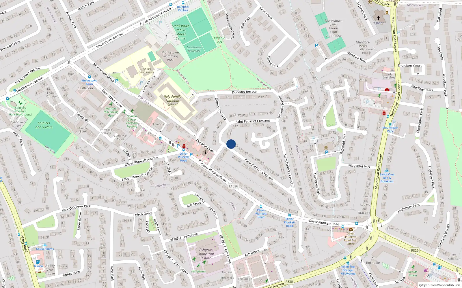 Overhead map showing the location of 118 St Patricks Crescent, Monkstown Farm, Dun Laoghaire