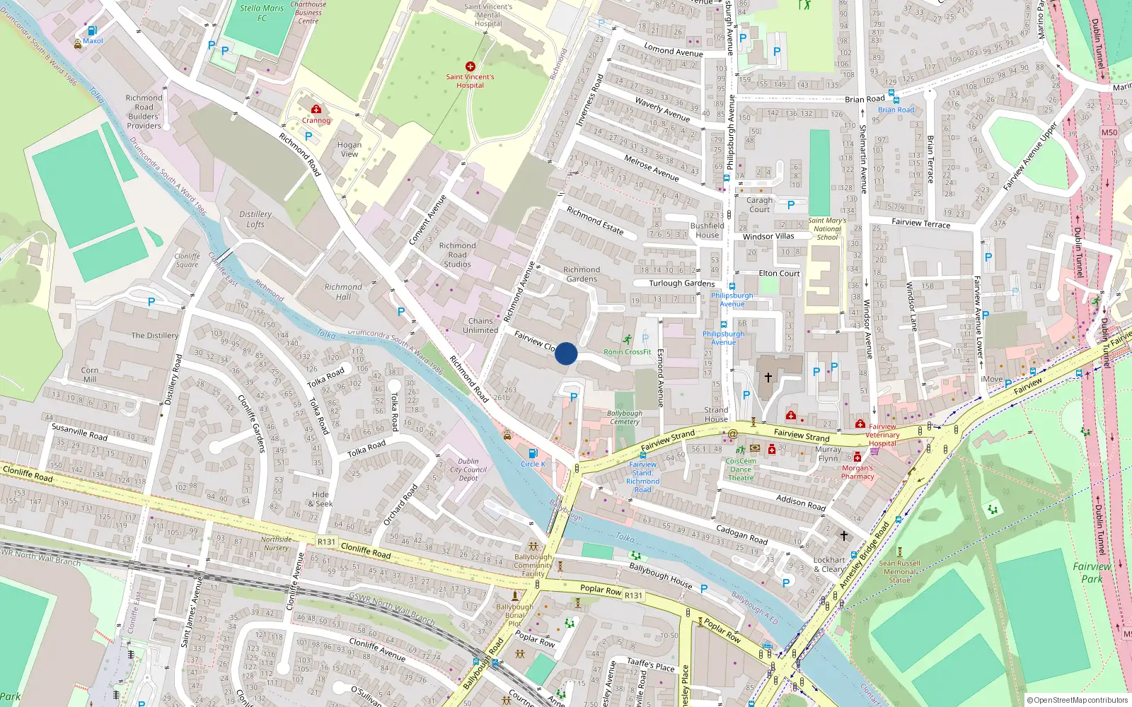 Overhead map showing the location of 119 Fairview Close, Fairview Dublin 3