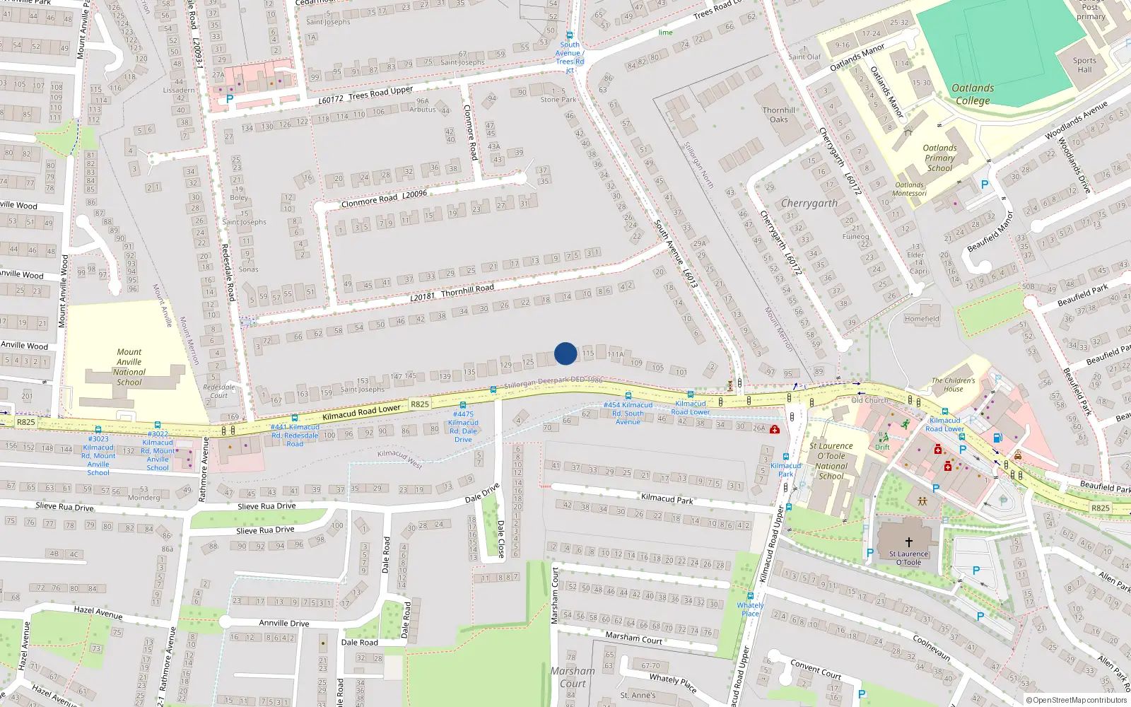 Overhead map showing the location of 119 Lower Kilmacud Road, County Dublin