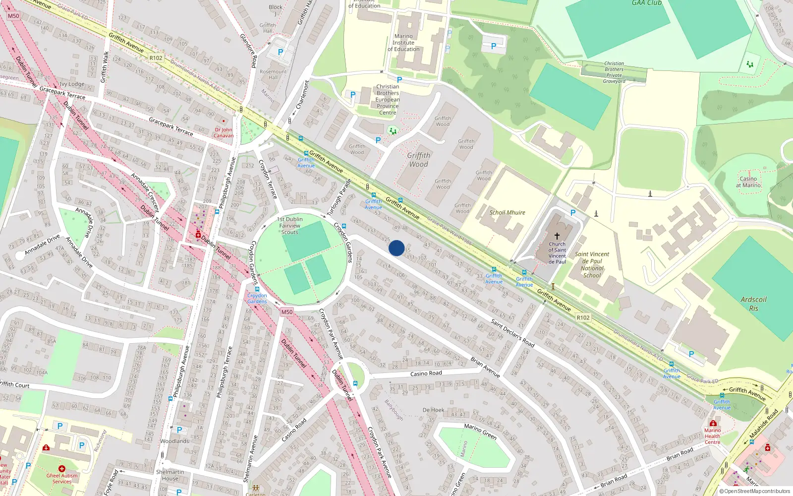 Overhead map showing the location of 119 St Declans Road, Marino, Dublin 3