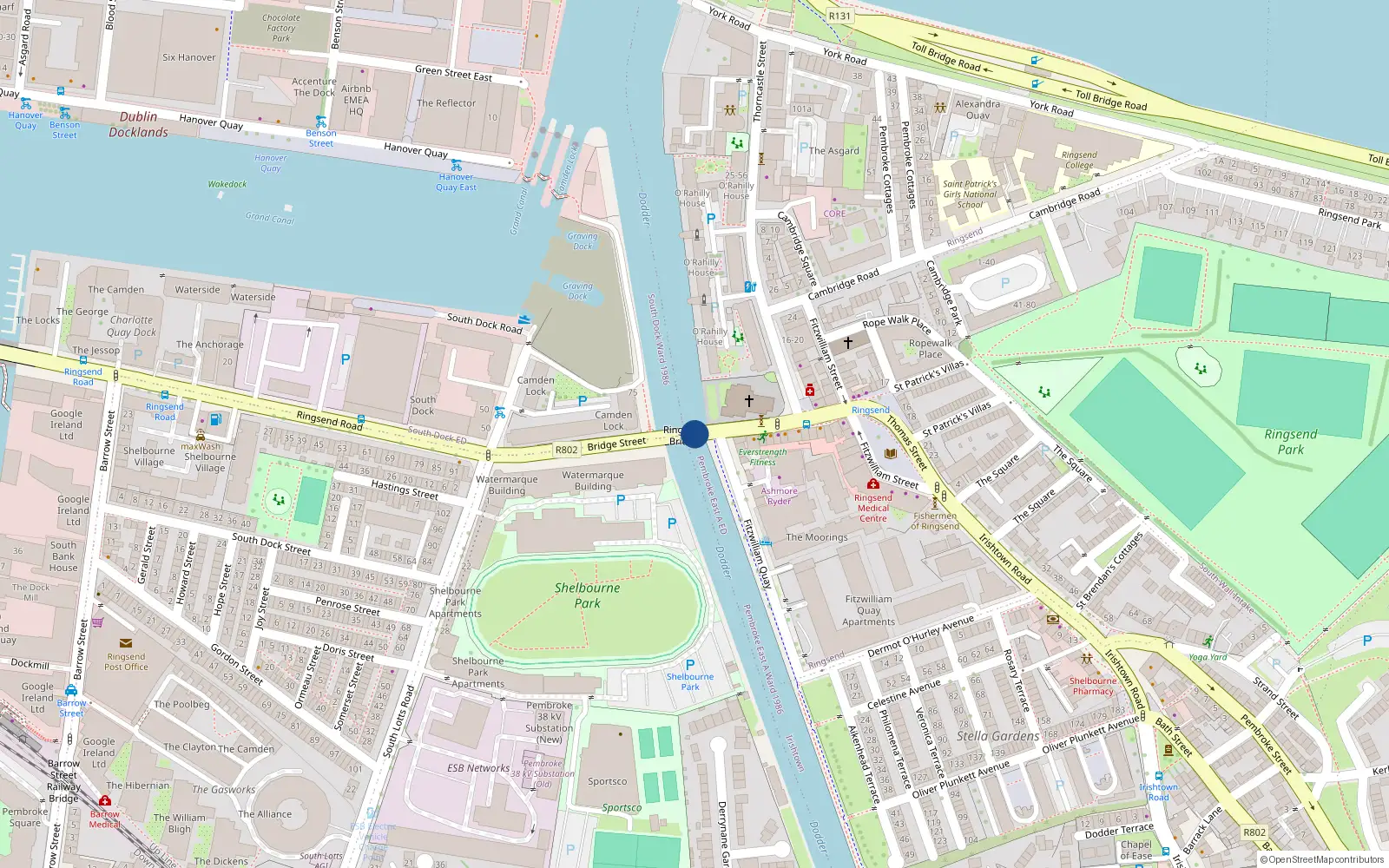 Overhead map showing the location of 14-16 Bridge Street, Ringsend