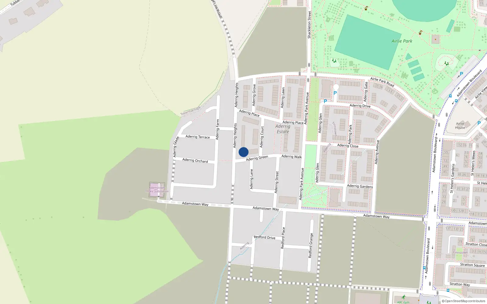 Overhead map showing the location of 12 Aderrig Heights, Lucan