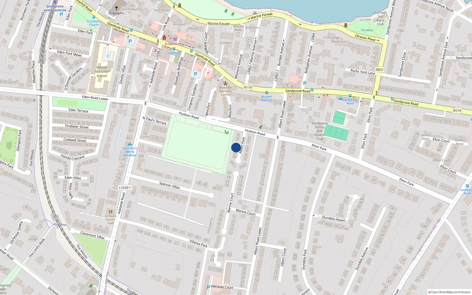 Overhead map showing the location of 12 Albert Park, Sandycove, Dublin