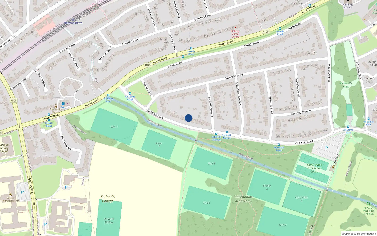 Overhead map showing the location of 12 All Saints Road, Dublin 5