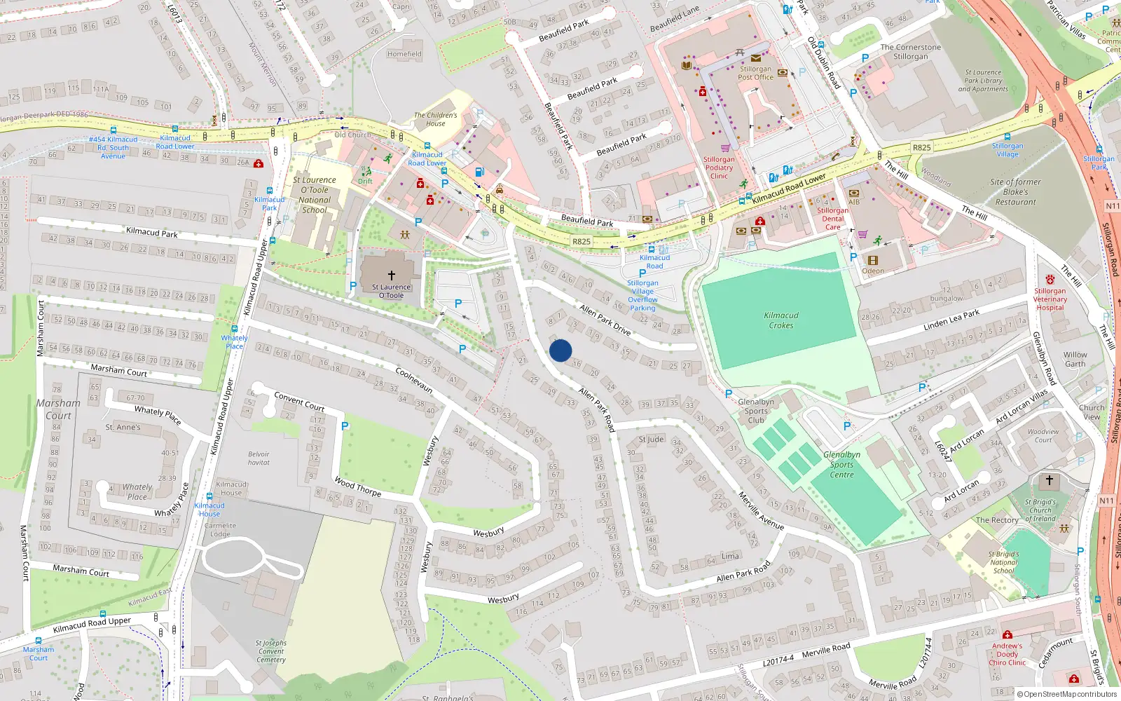 Overhead map showing the location of 12 Allen Park Road, Dublin