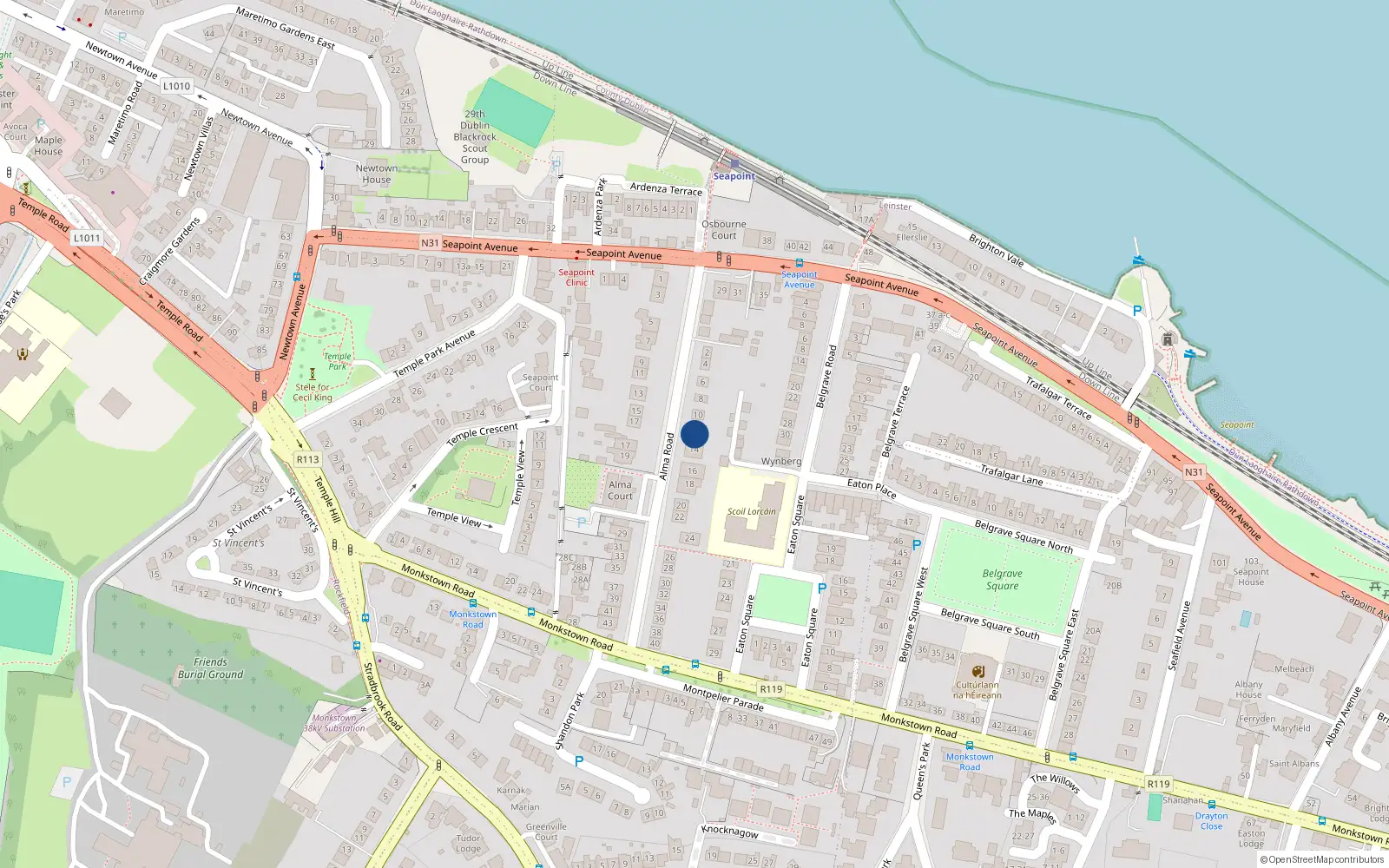 Overhead map showing the location of 12 Alma Road, Monkstown, Dublin
