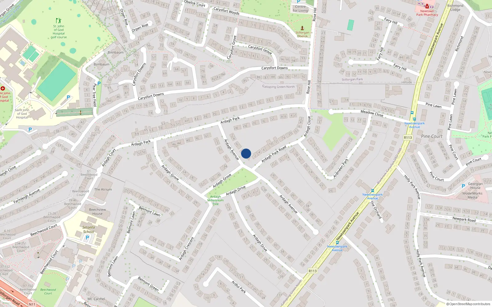 Overhead map showing the location of 12 Ardagh Avenue, Blackrock
