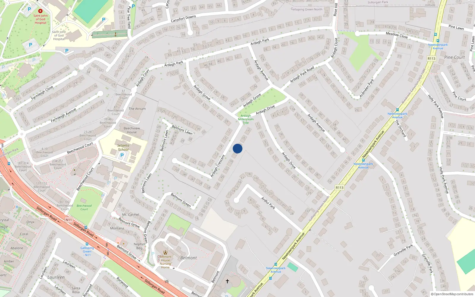 Overhead map showing the location of 12 Ardagh Crescent, Blackrock, Dublin