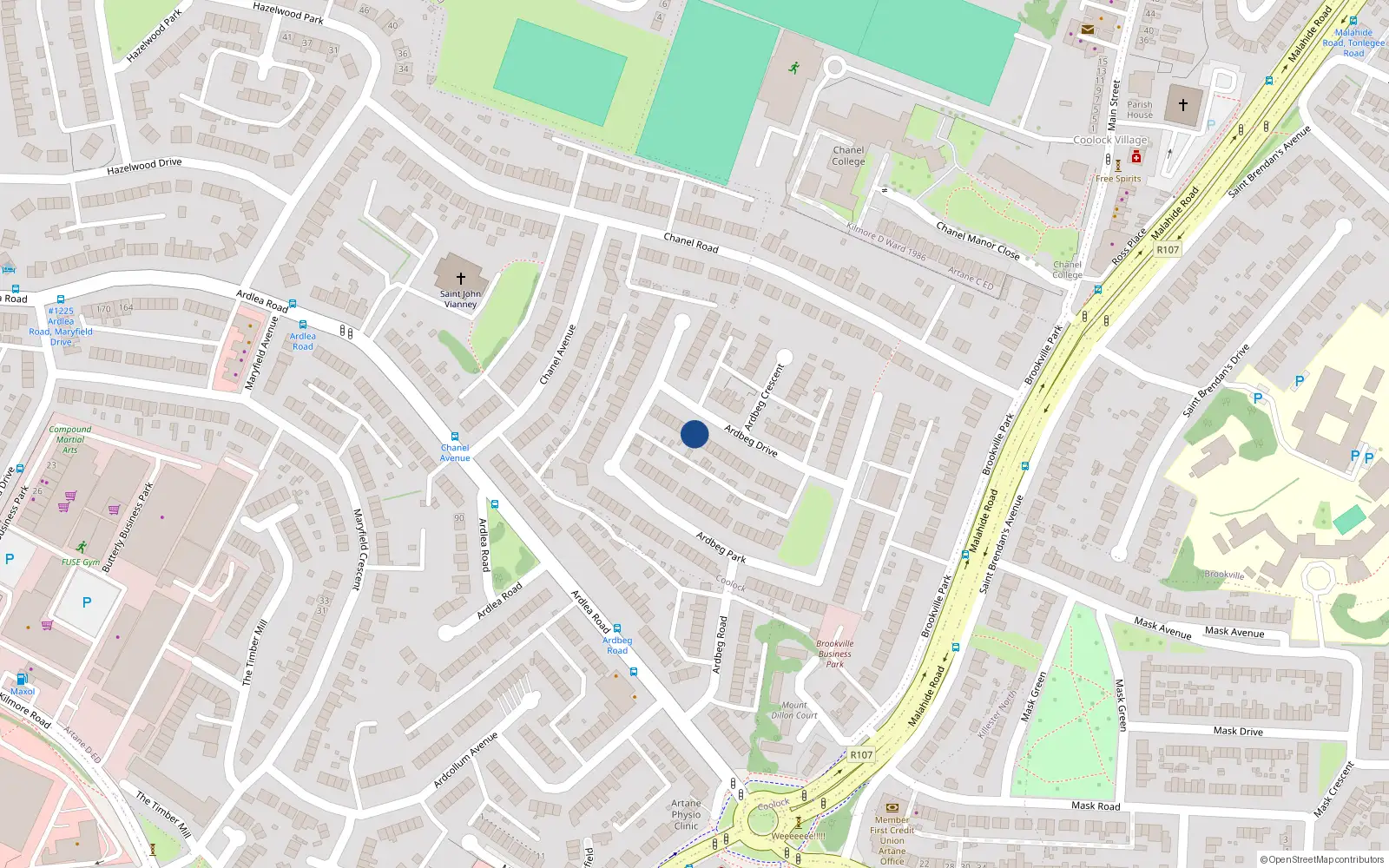 Overhead map showing the location of 12 Ardbeg Drive, Dublin 5