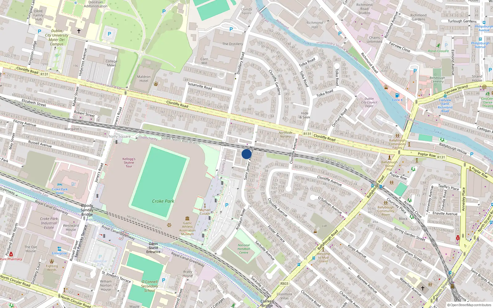 Overhead map showing the location of 12 Ascaill Sam Séamus, Bóthar Chluain Life, Baile Átha Cliath 3
