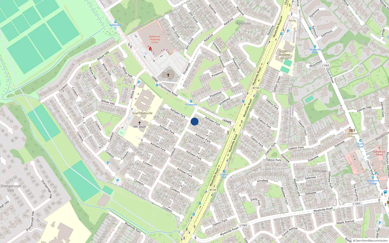 Overhead map showing the location of 12 Ashlawn Park, Ballybrack, Dublin
