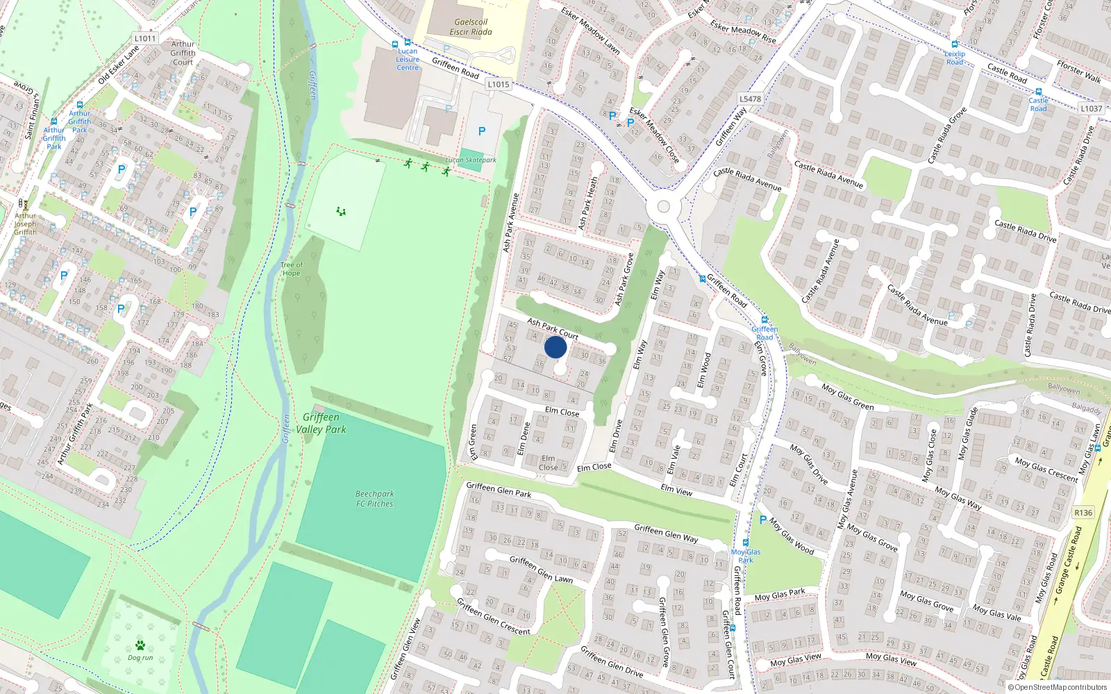 Overhead map showing the location of 12 Ashpark Court, Lucan, Dublin