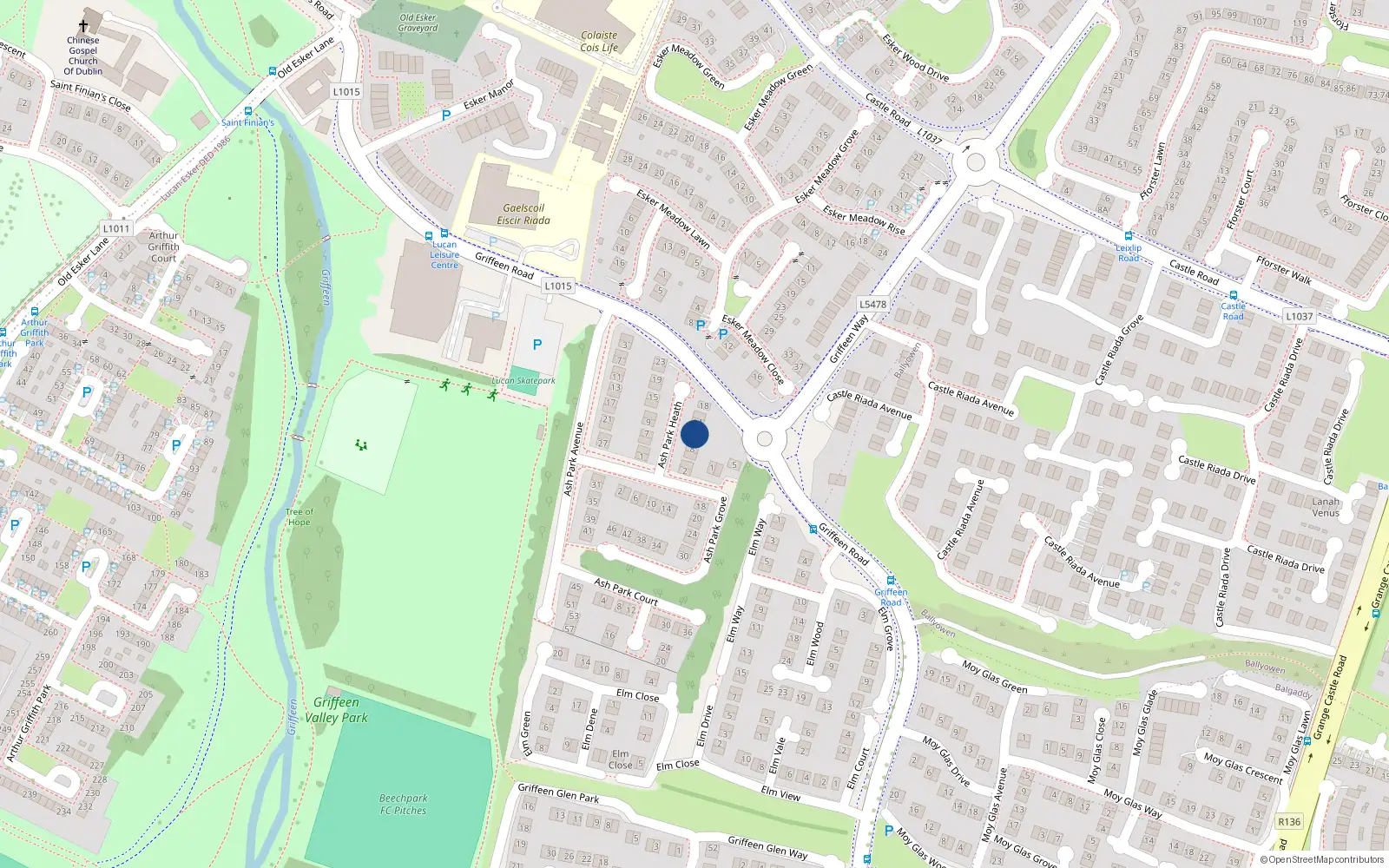 Overhead map showing the location of 12 Ashpark Heath, Lucan, Dublin