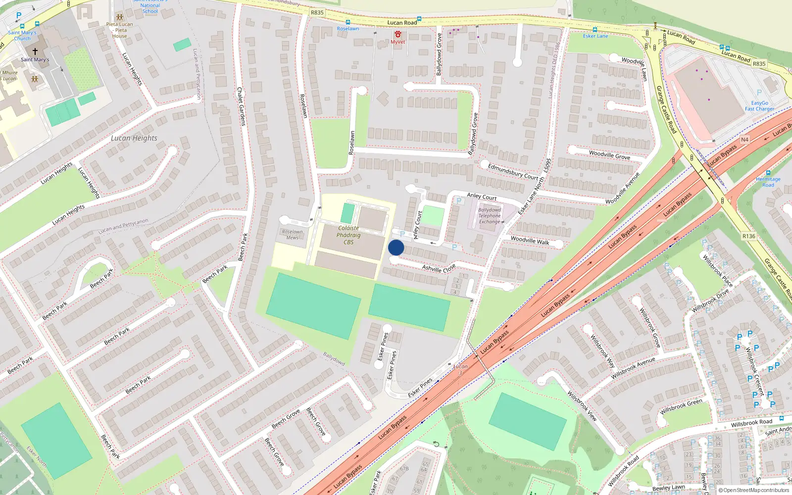 Overhead map showing the location of 12 Ashville Close, Esker Lane, Lucan