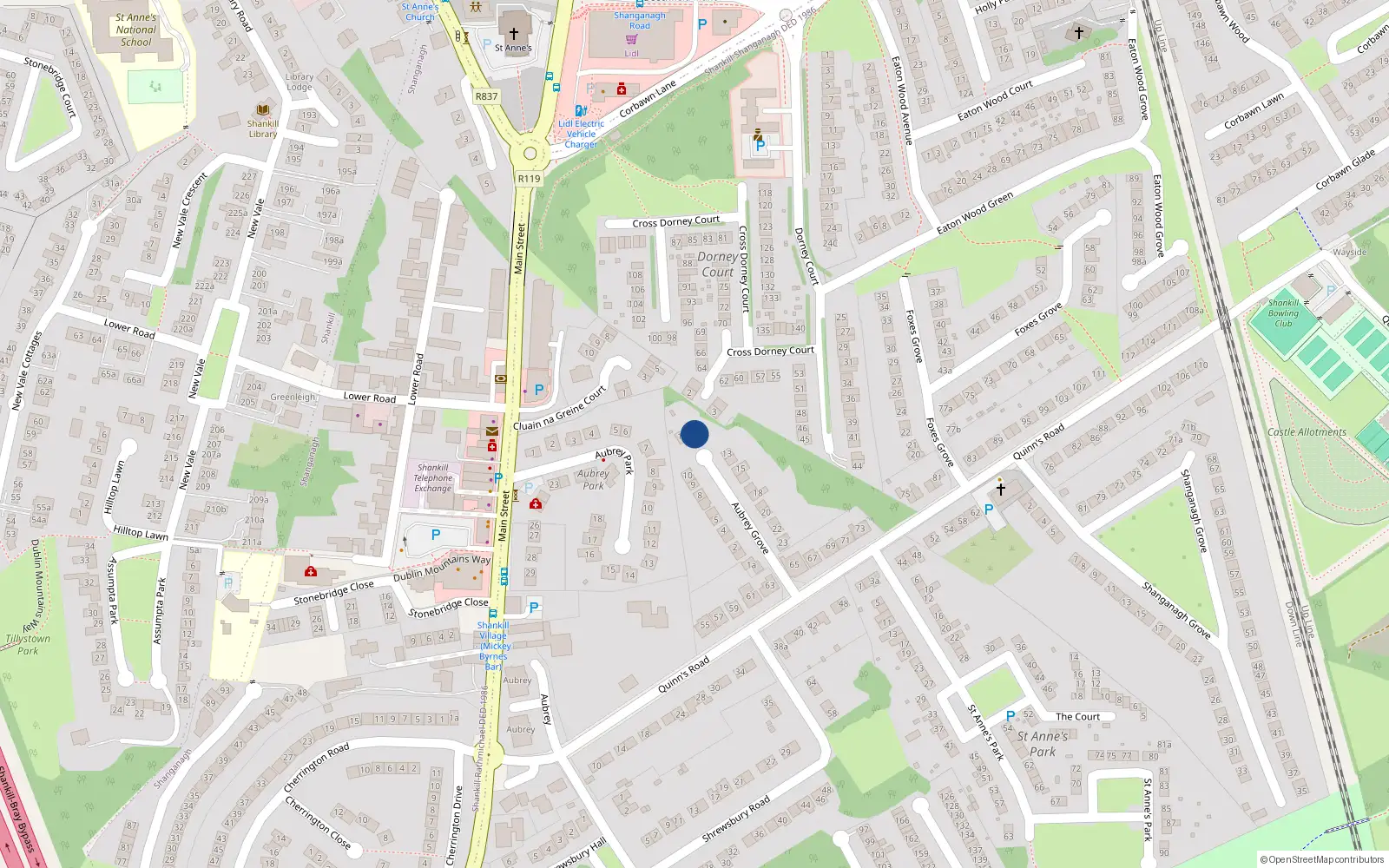 Overhead map showing the location of 12 Aubrey Grove, Shankill