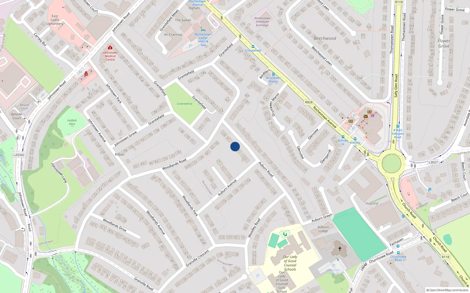 Overhead map showing the location of 12 Auburn Road, Rochestown Avenue, Dun Laoire