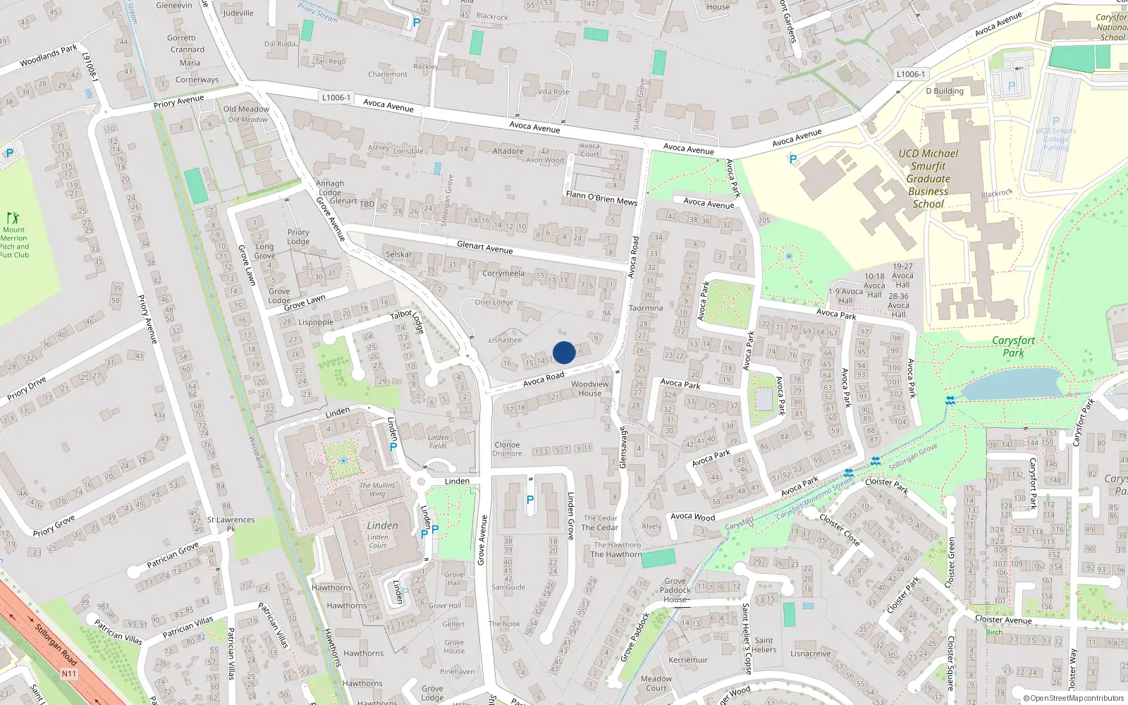 Overhead map showing the location of 12 Avoca Road, Blackrock