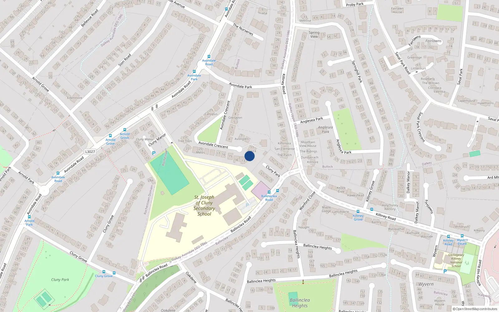 Overhead map showing the location of 12 Avondale Crescent, Killiney